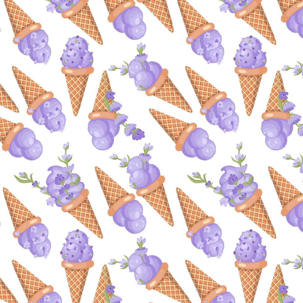 Lavender ice cream. Three scoops of creamy sweet dessert in a waffle cone. Purple sorbet. Seamless pattern. illustration. vector