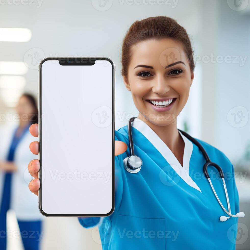 Nurse showing blank white screen smartphone at hospital photo