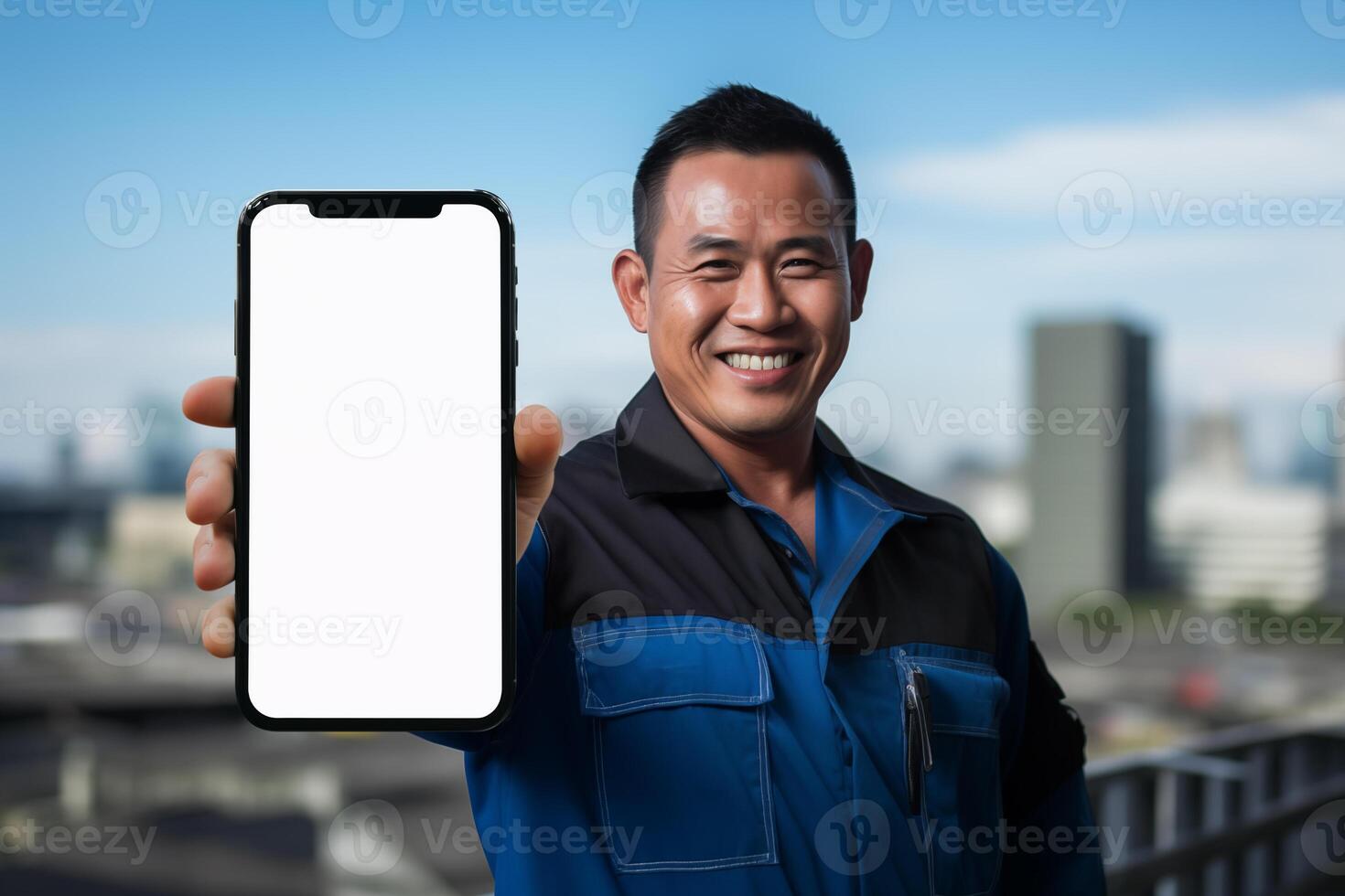 Asian technician man showing black blank screen smartphone on blurred outdoor background photo