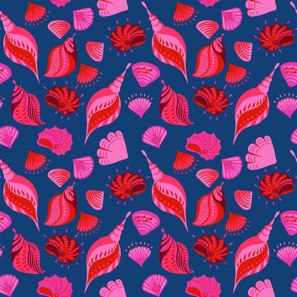 Saturated creative ocean sea shells seamless pattern. hand drawn. Abstract artistic marine printing. Template for designs, notebook cover, wrapping paper, exotic wallpaper vector