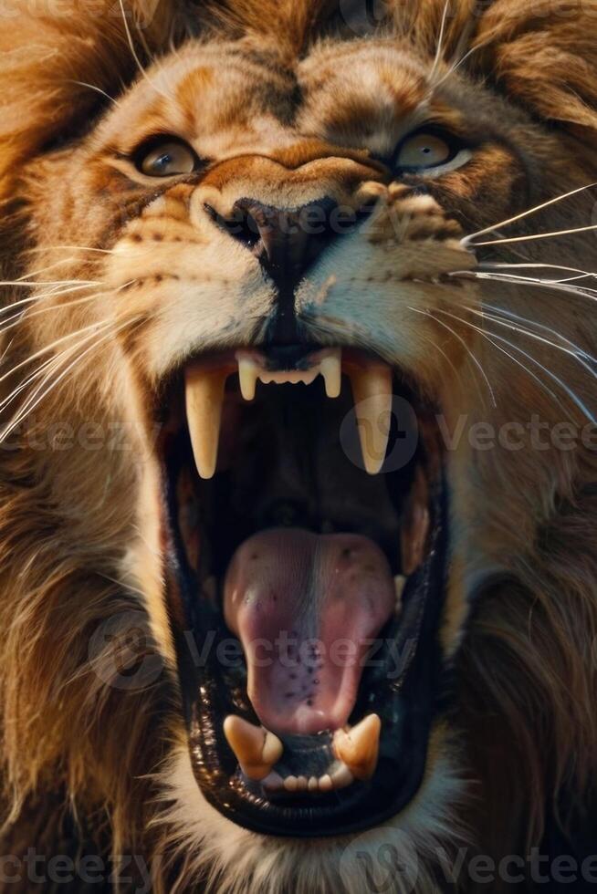 a lion roaring with its mouth open photo