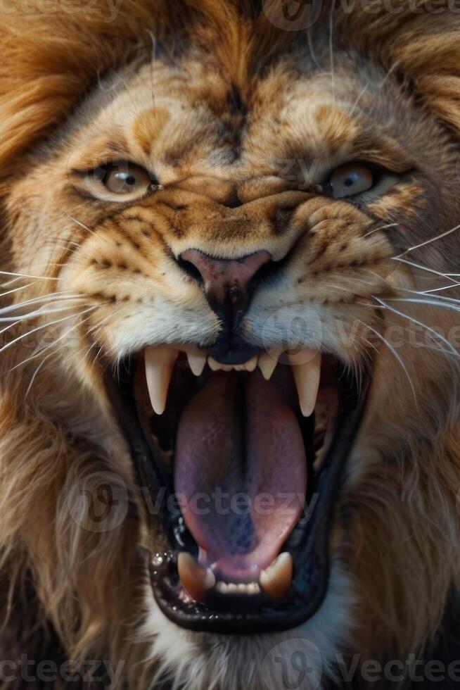 a lion roaring with its mouth open photo