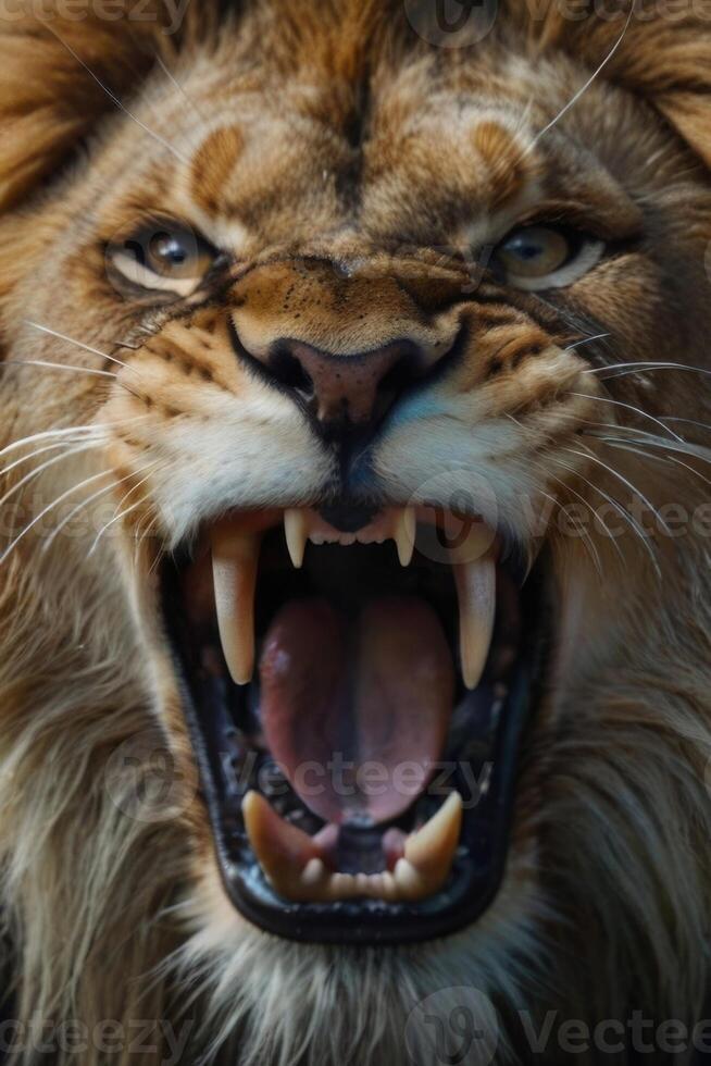 un león rugido con sus boca abierto foto