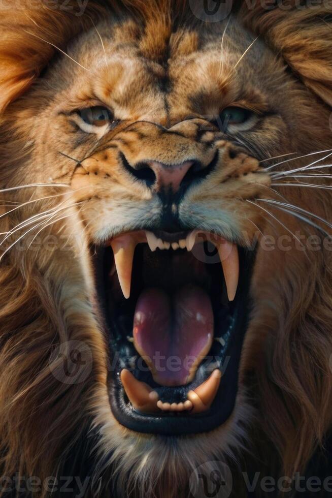 a lion roaring with its mouth open photo