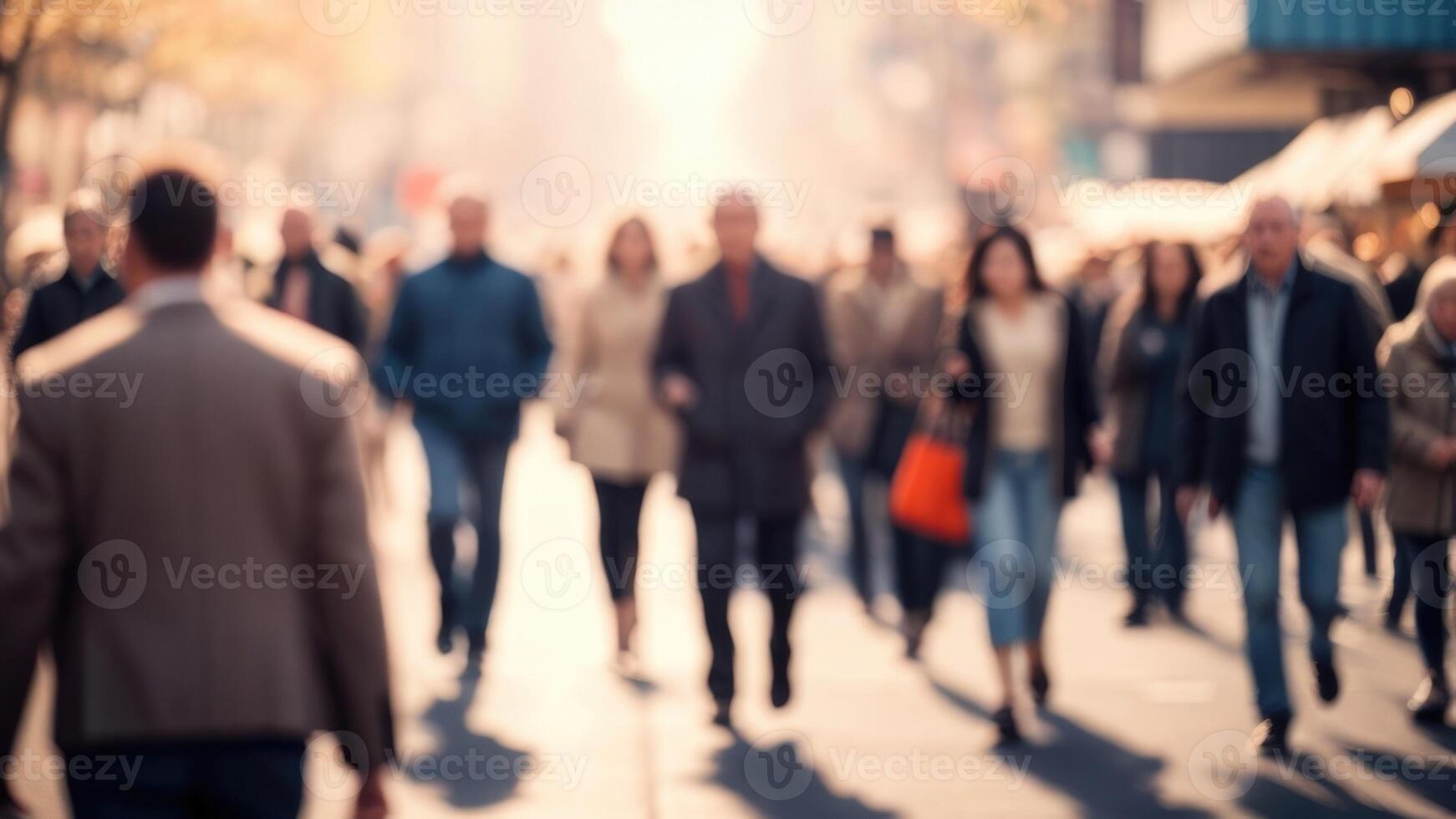 Defocused Crowd of people walking on a street in motion blur photo