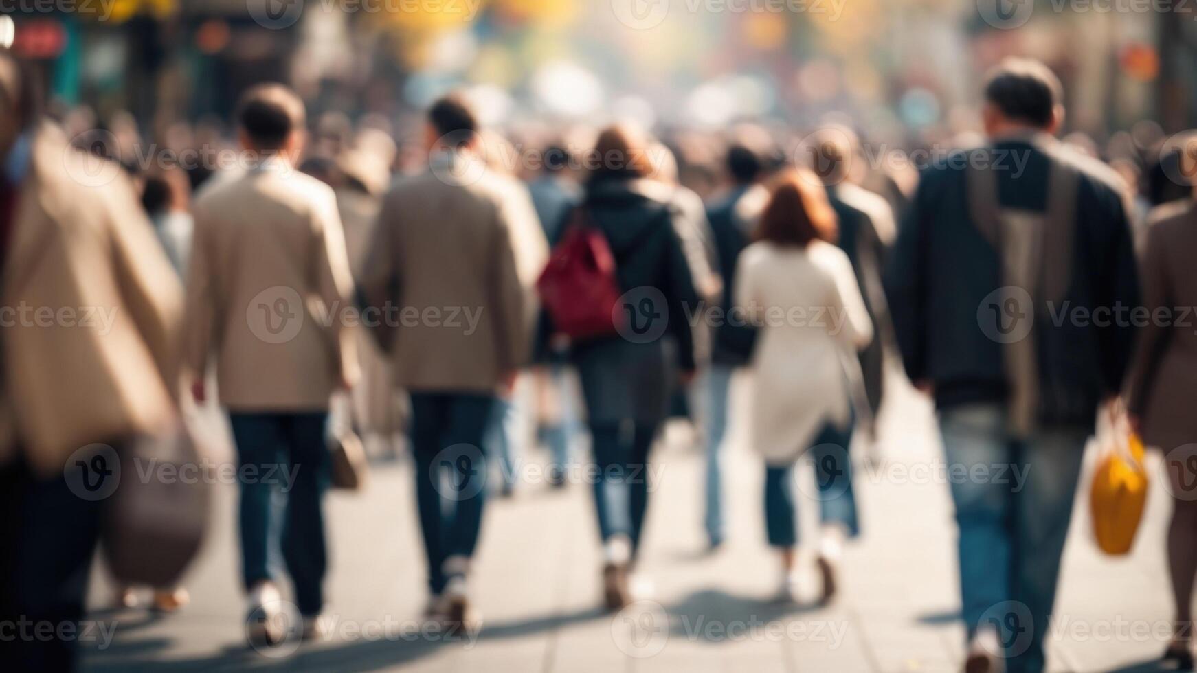 Defocused Crowd of people walking on a street in motion blur photo