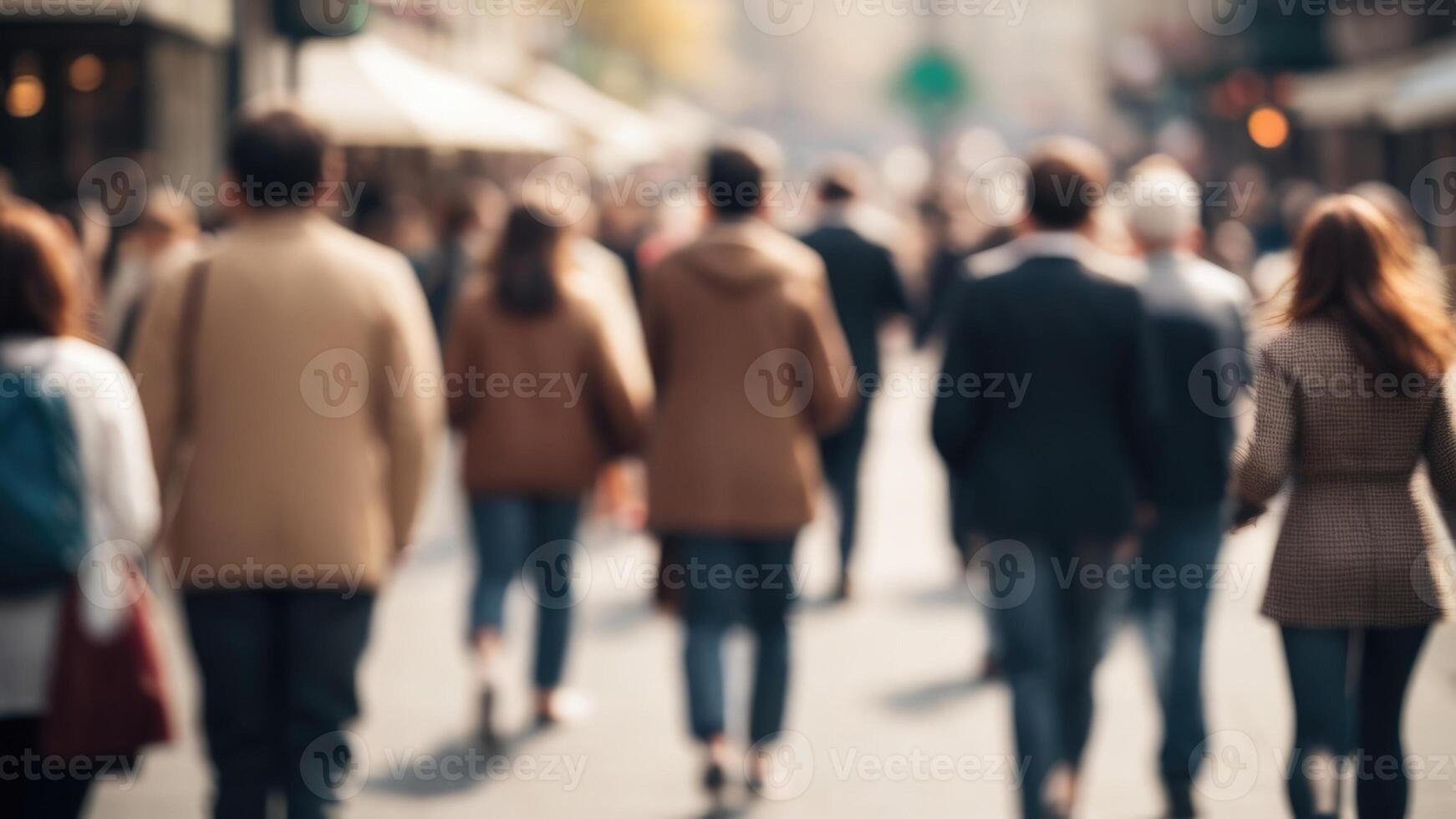 Defocused Crowd of people walking on a street in motion blur photo
