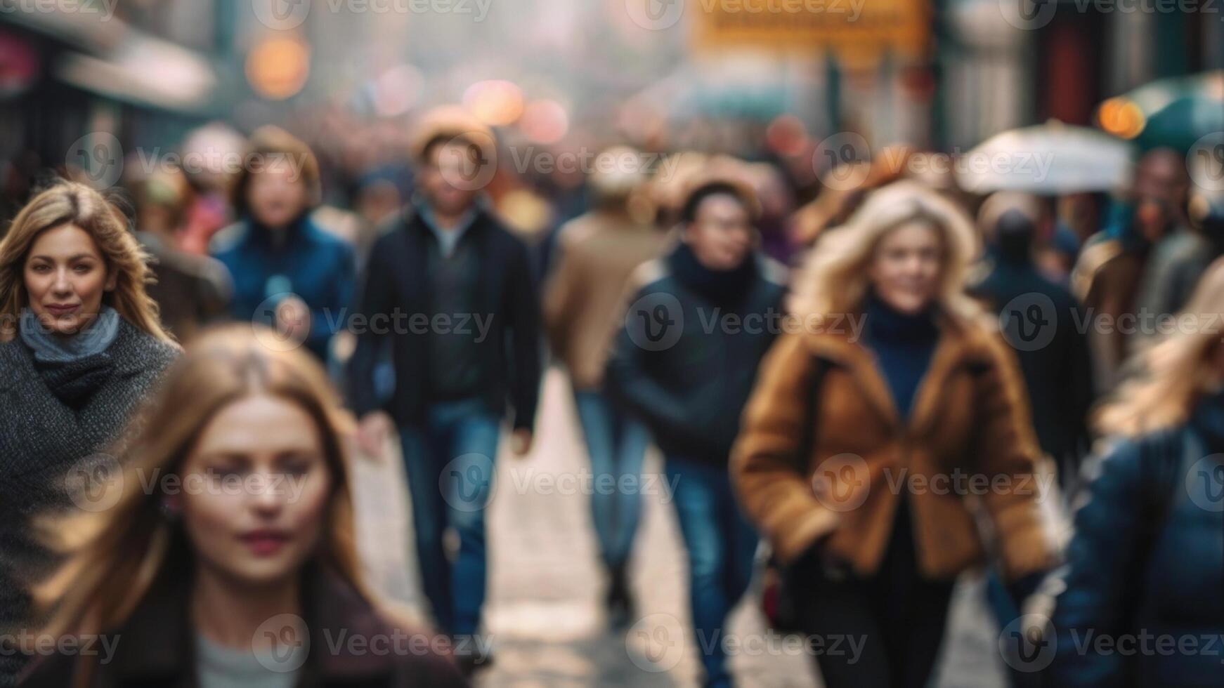 Defocused Crowd of people walking on a street in motion blur photo