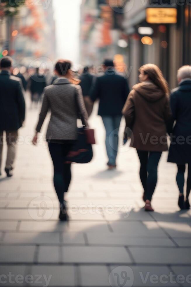 Defocused people walking in the street in motion blur photo