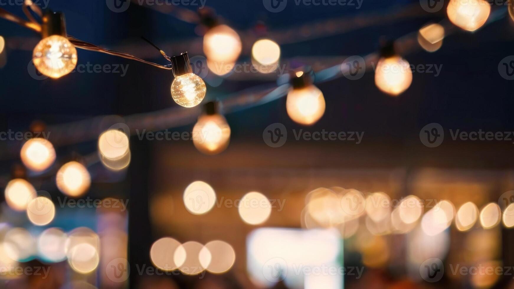 DDefocused restaurant with outdoor string lights on a blurred background photo