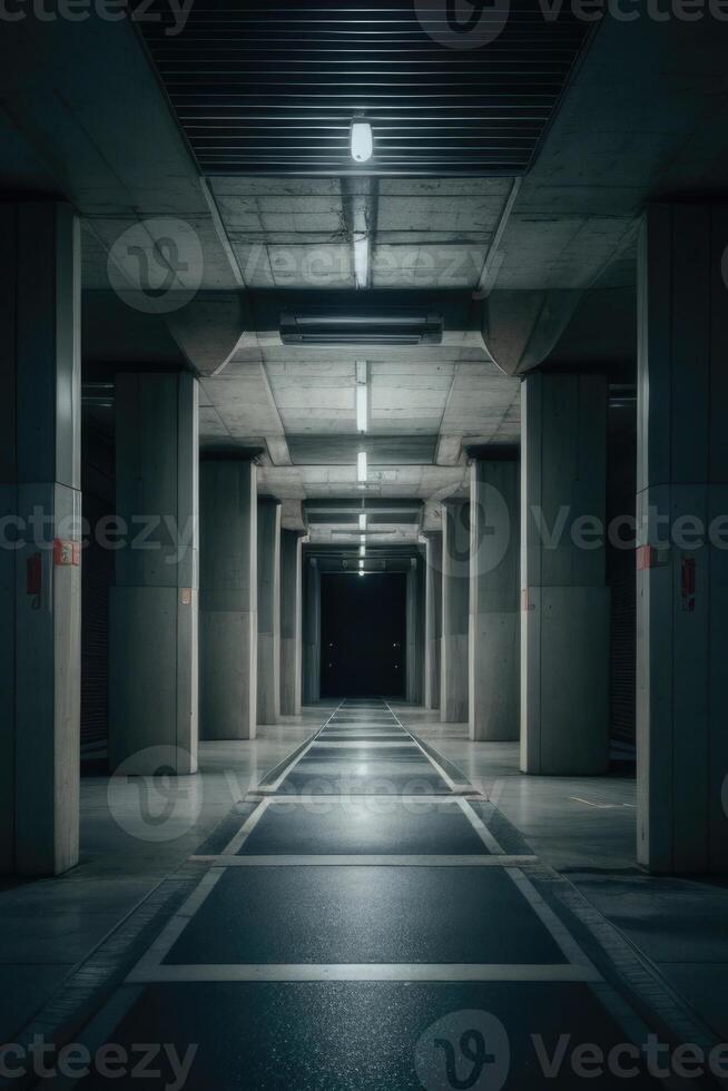 an empty parking garage with a dark floor photo