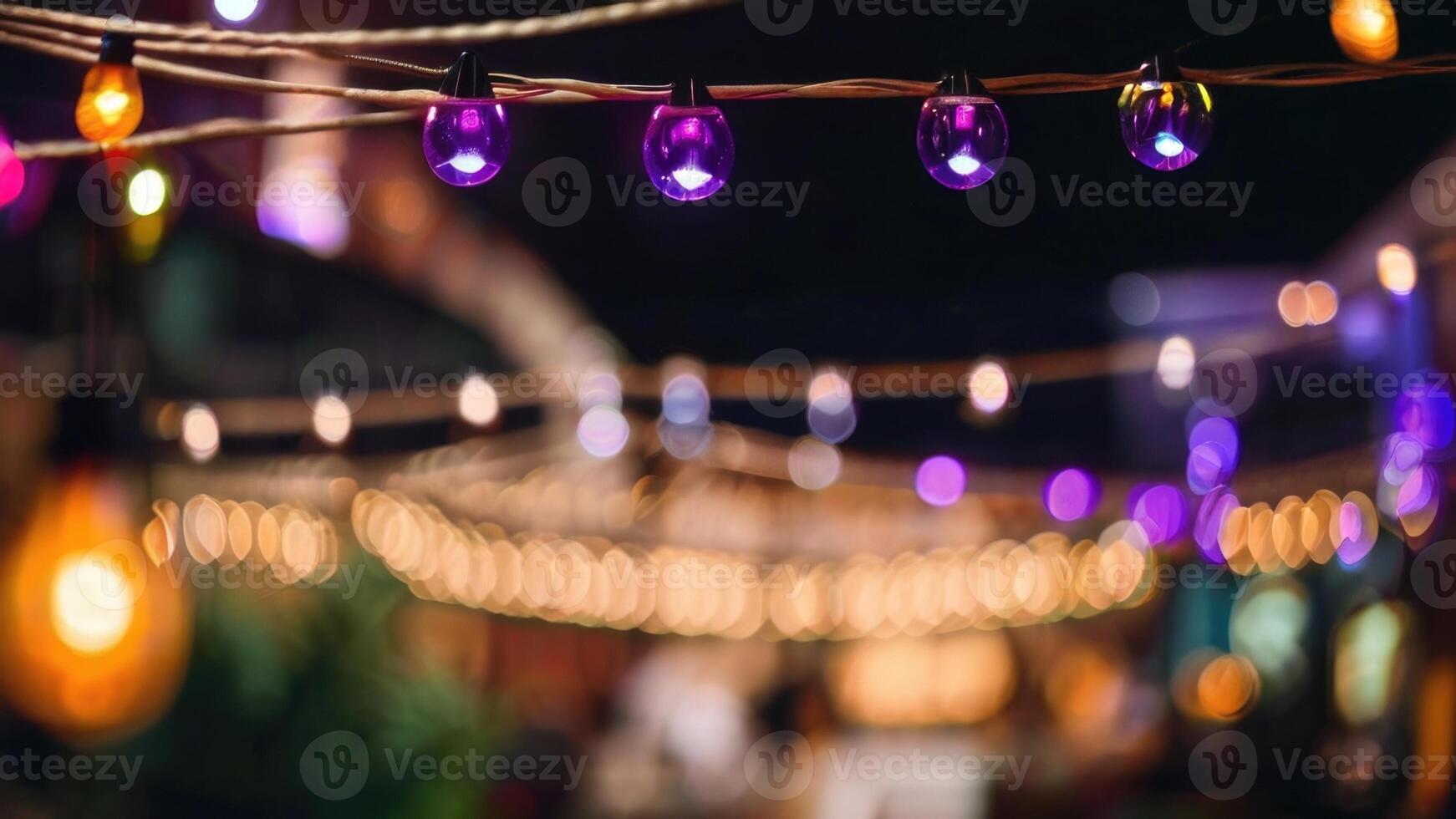 DDefocused restaurant with outdoor string lights on a blurred background photo