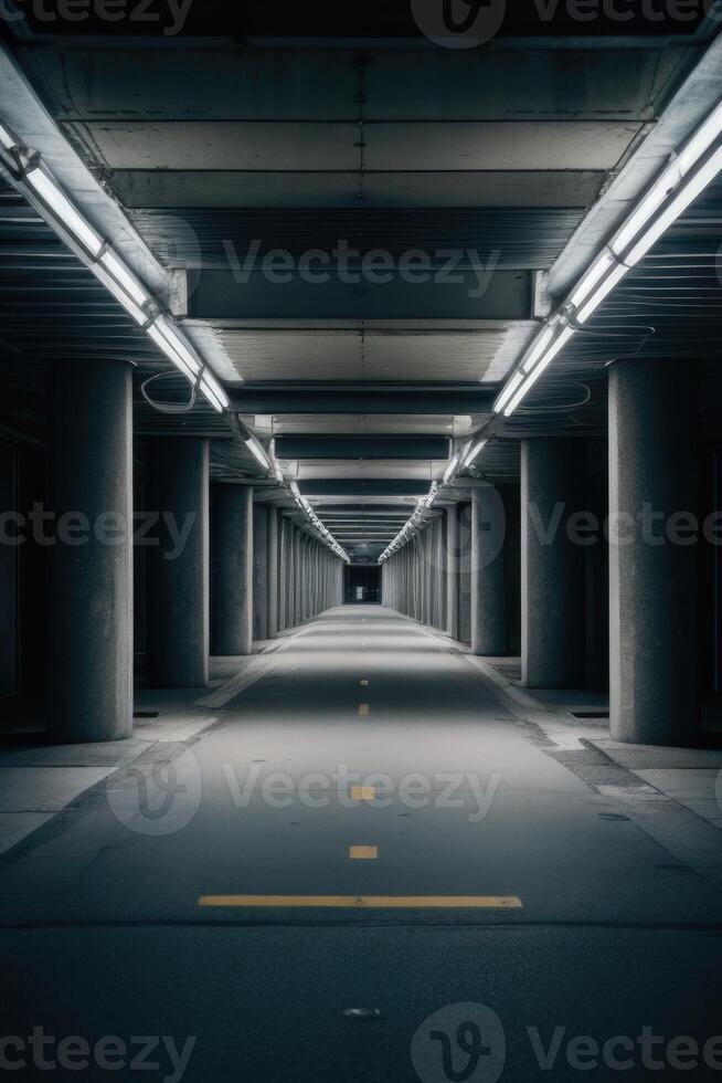 an empty parking garage with a dark floor photo