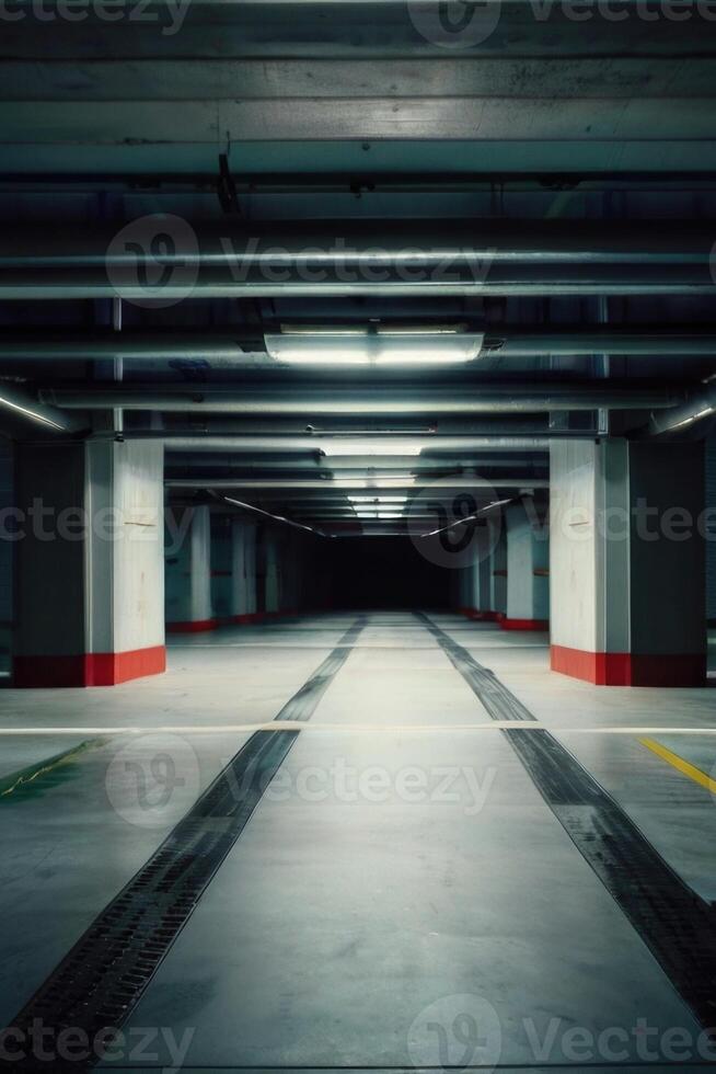 an empty parking garage with a dark floor photo
