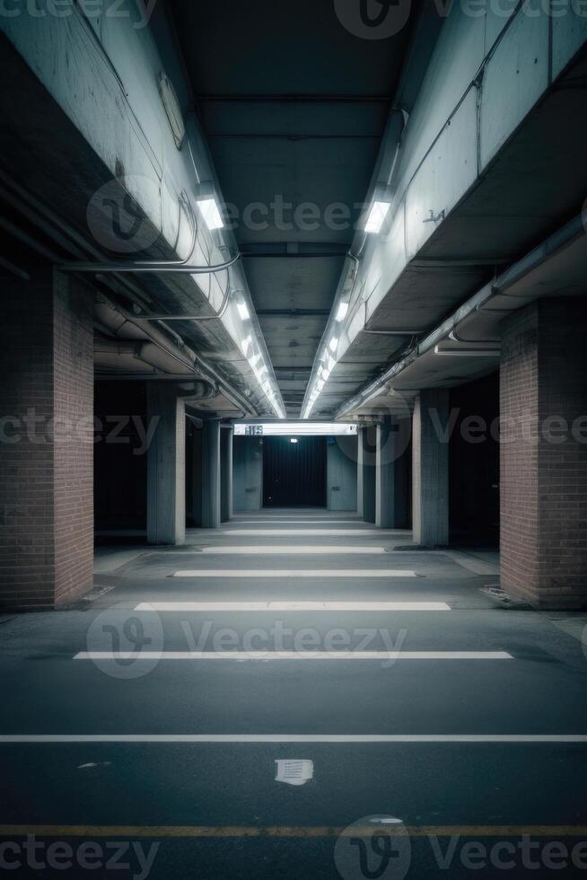 an empty parking garage with a dark floor photo