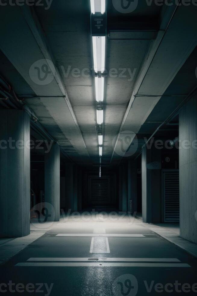 an empty parking garage with a dark floor photo