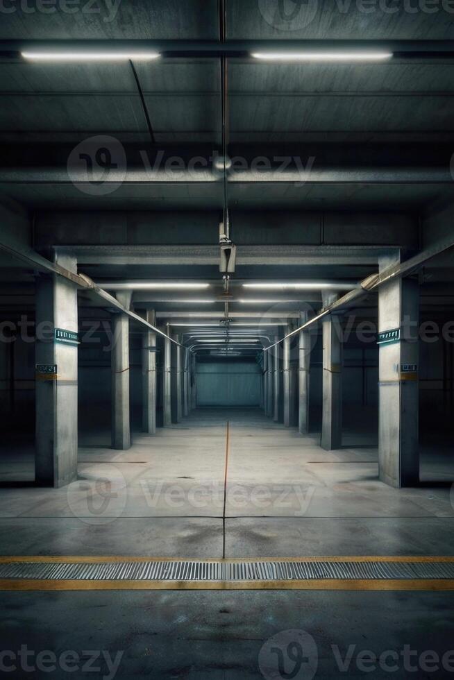 an empty parking garage with a dark floor photo