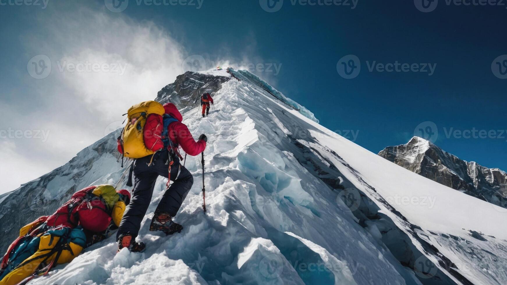 Group of hikers trekking the snowy summit of Mount Everest photo