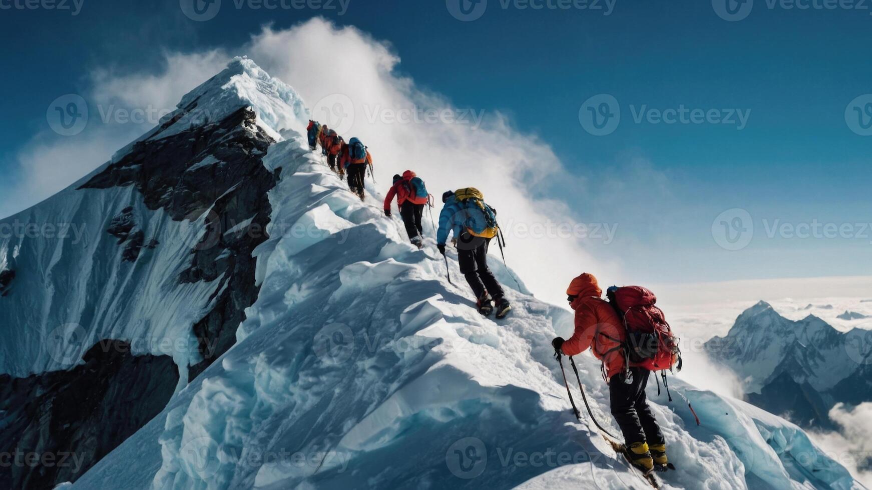 Group of hikers trekking the snowy summit of Mount Everest photo