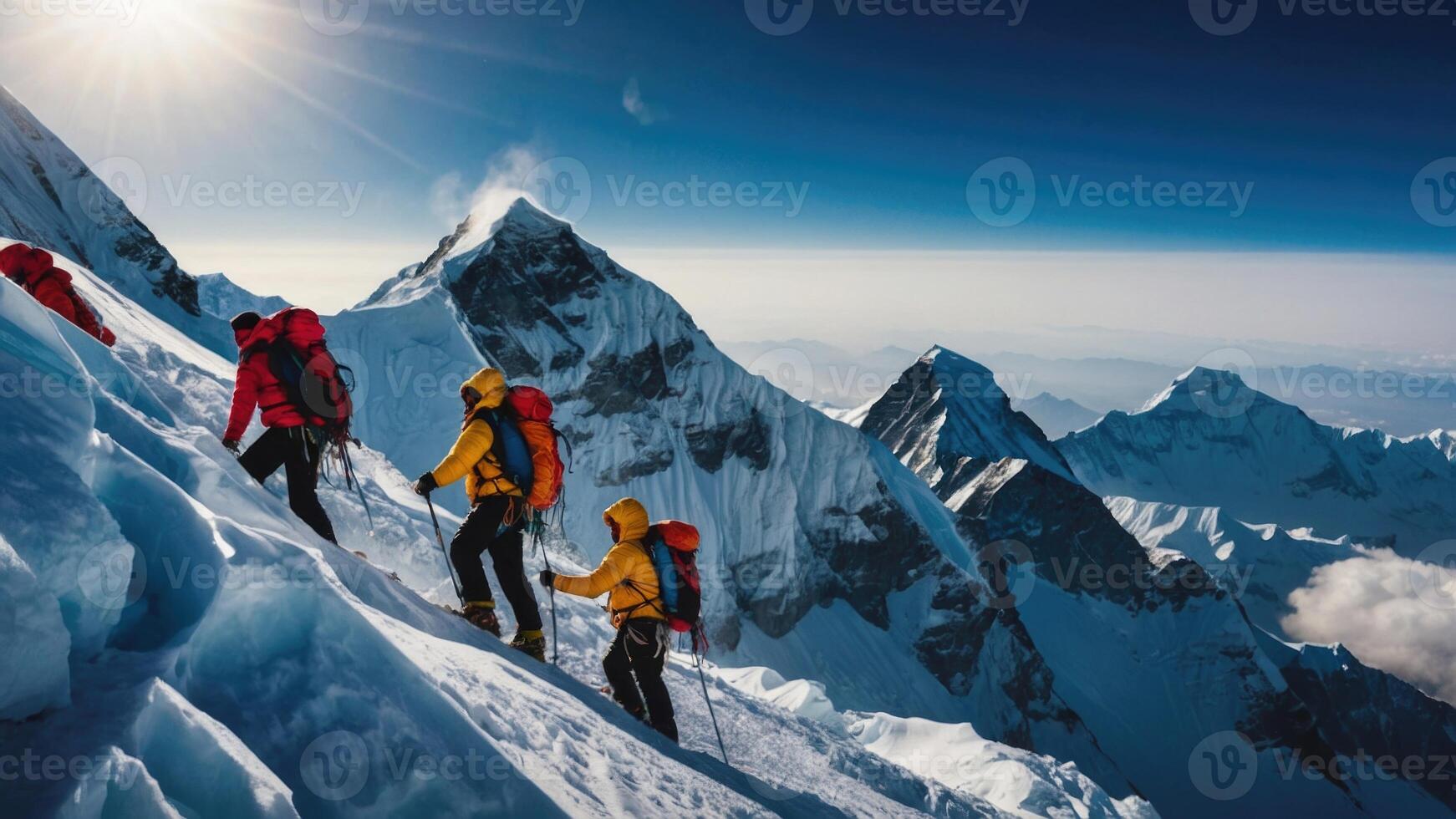 Group of hikers trekking the snowy summit of Mount Everest photo