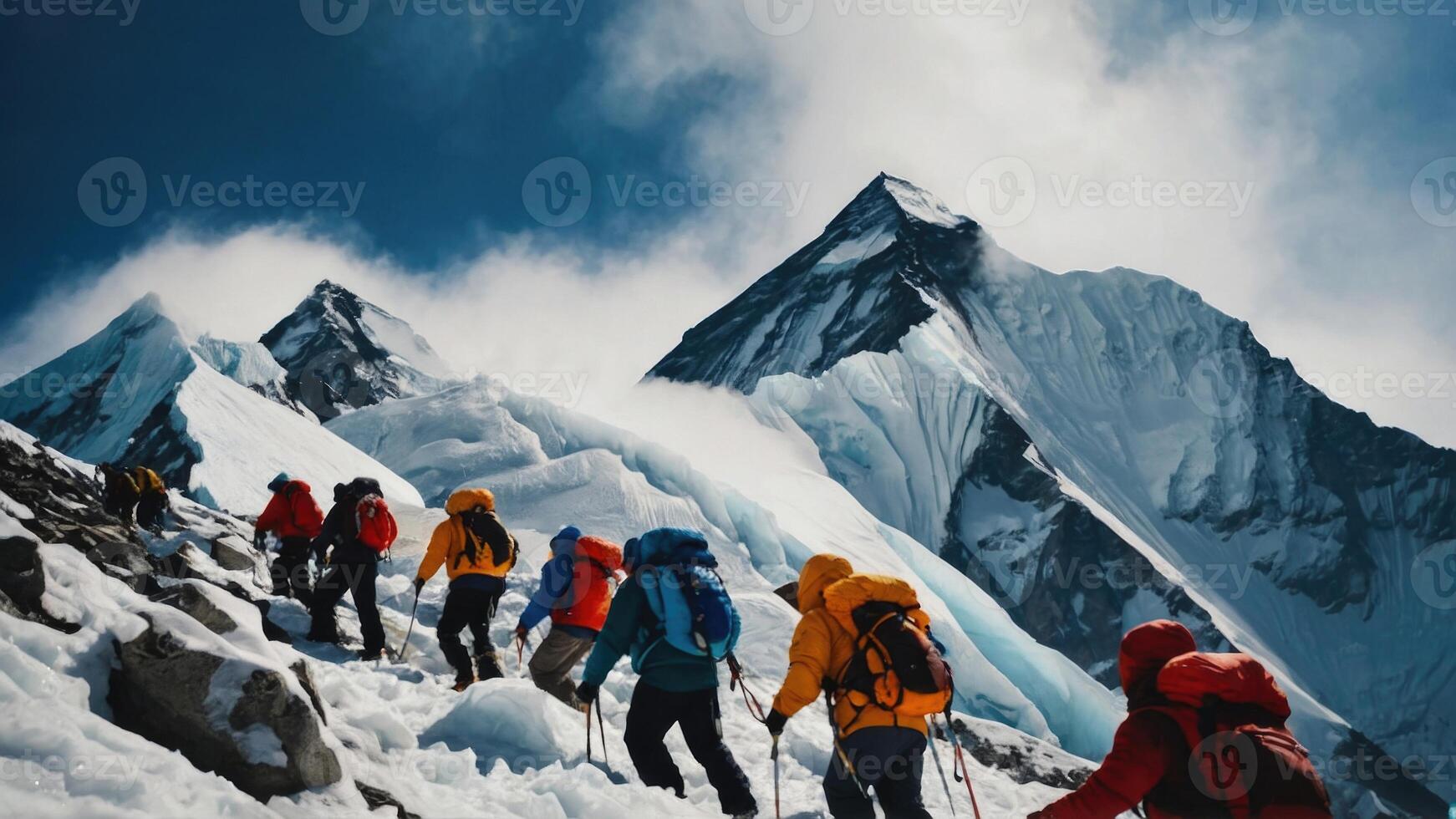 Group of hikers trekking the snowy summit of Mount Everest photo
