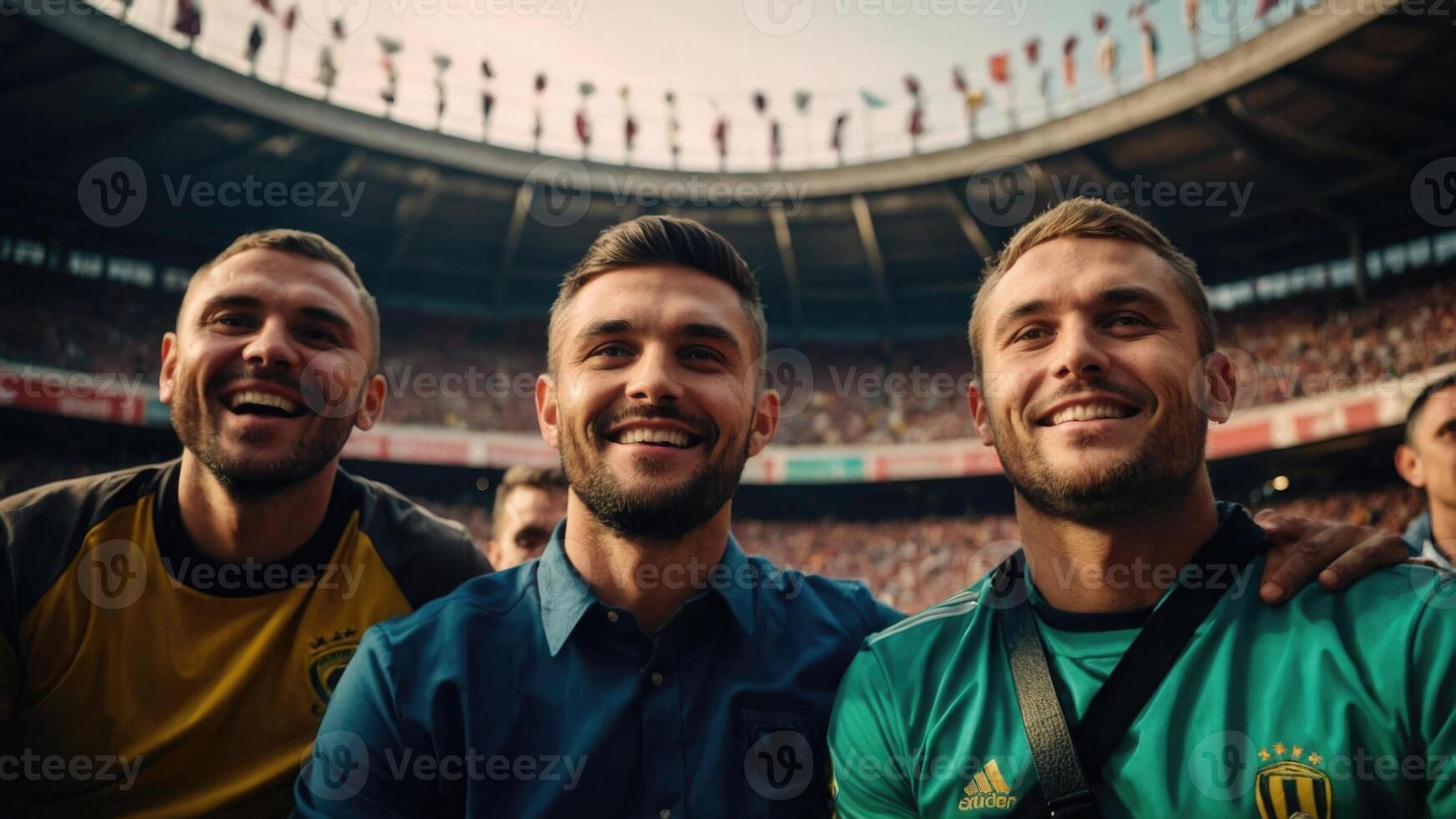 Happy men watching football matches in football stadiums photo