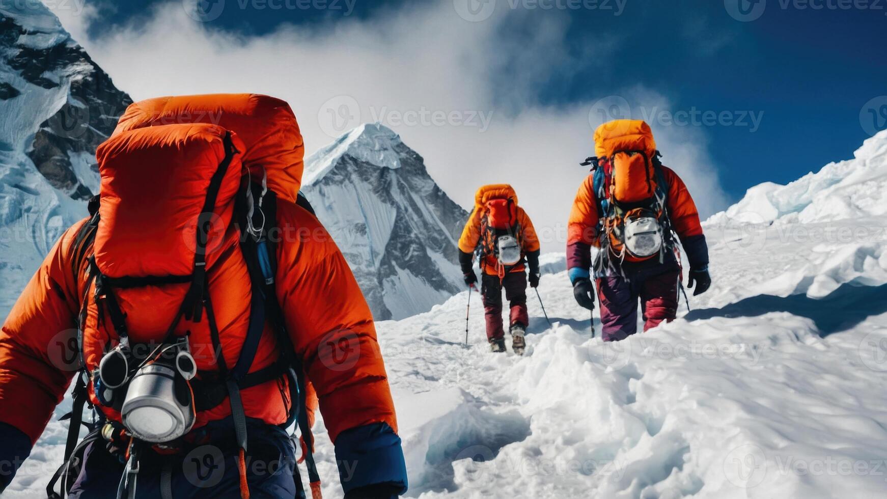 Group of hikers trekking the snowy summit of Mount Everest photo