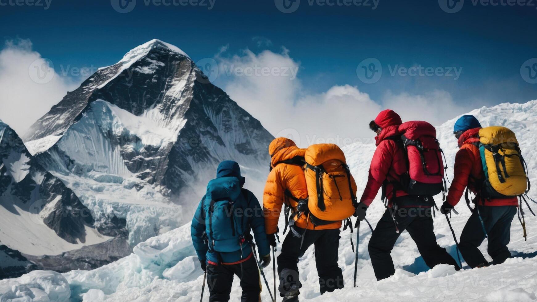 Group of hikers trekking the snowy summit of Mount Everest photo