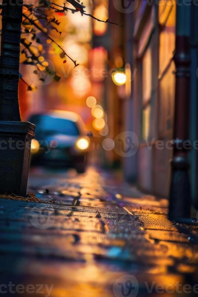 a blurry image of a street at night photo