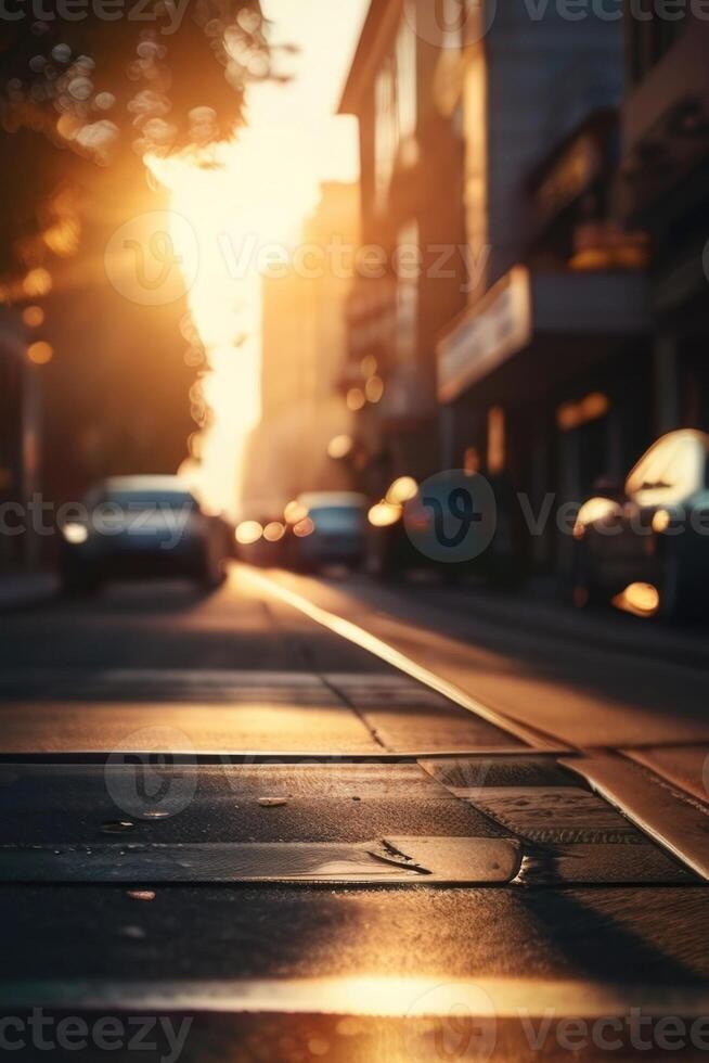 a street with cars parked on it at sunset photo