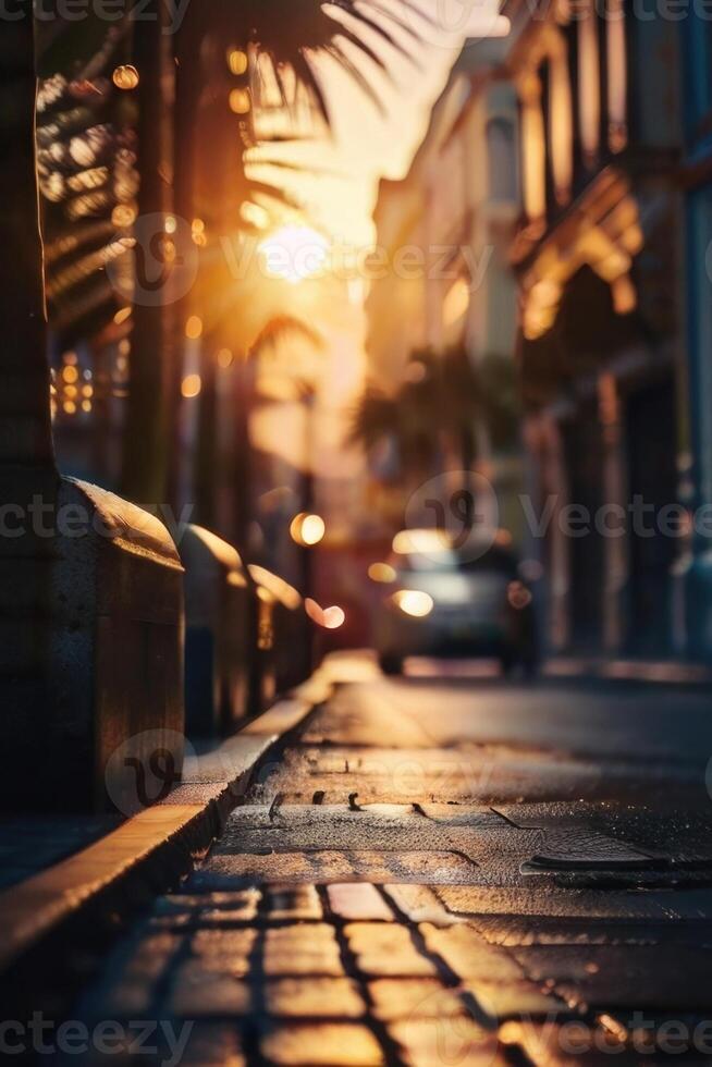 a street with cars parked on it at sunset photo