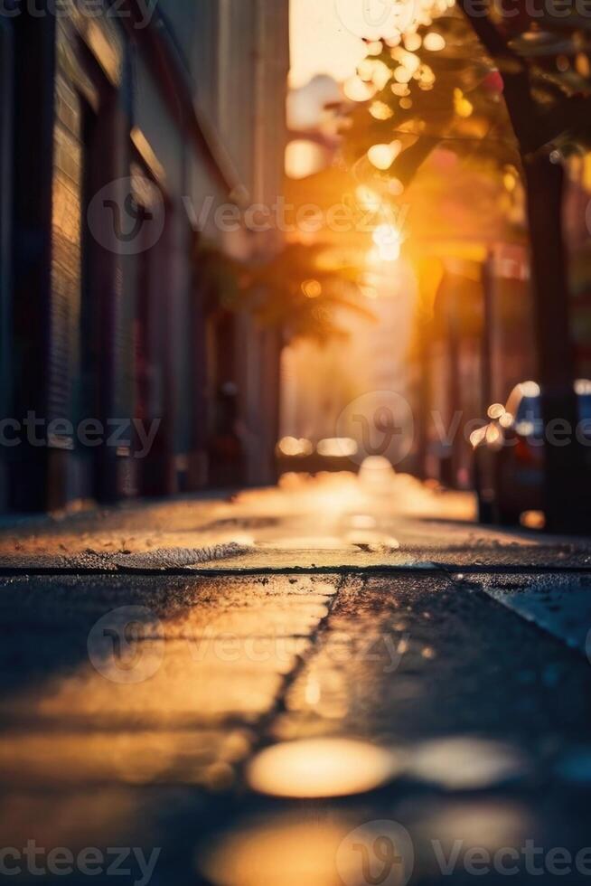 a street with cars parked on it at sunset photo