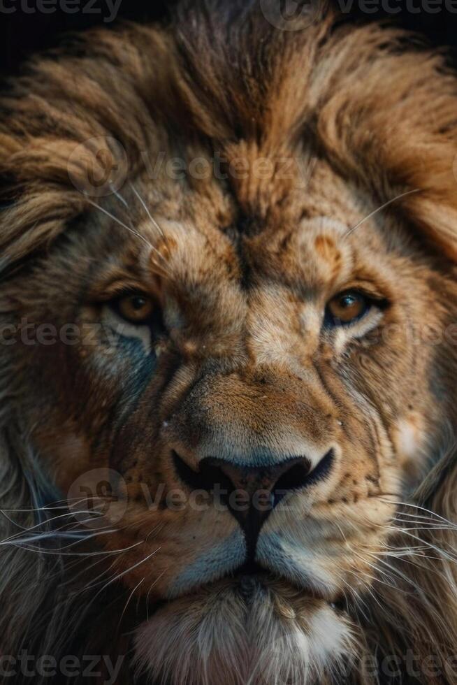 a close up of a lion's face photo