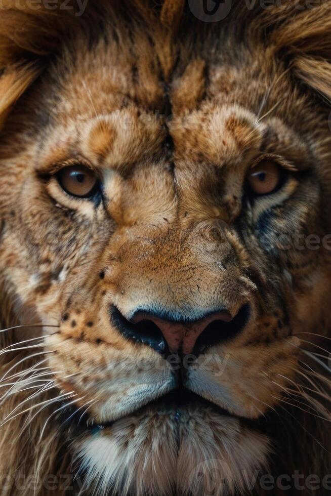 a close up of a lion's face photo