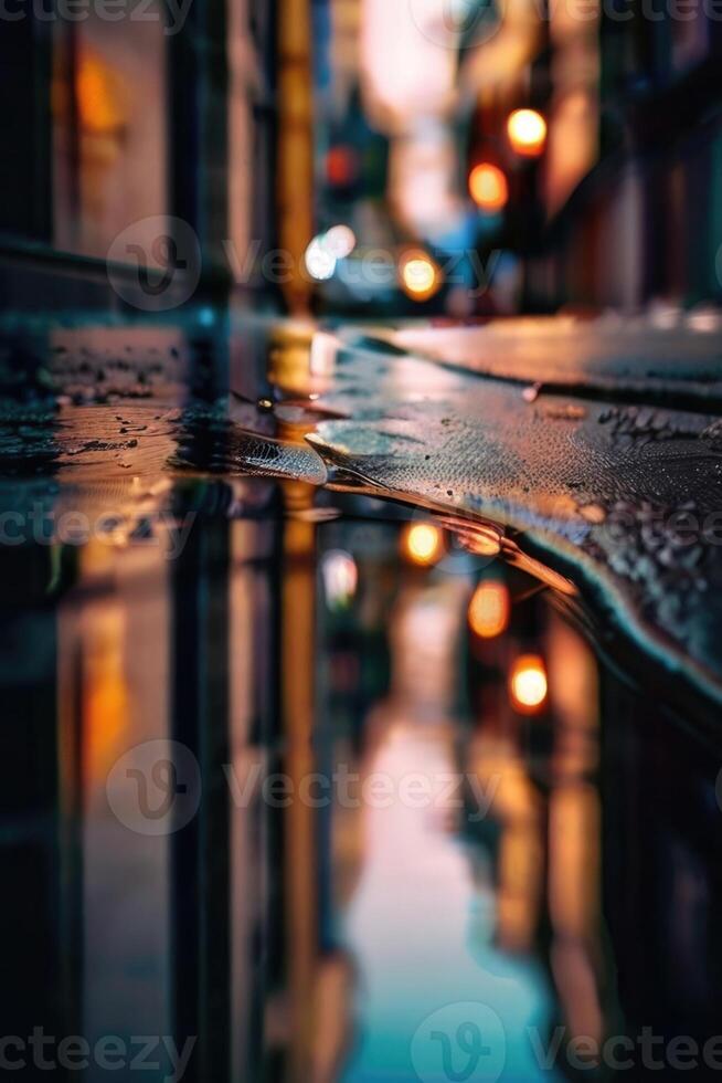 a street at night with lights and reflections photo