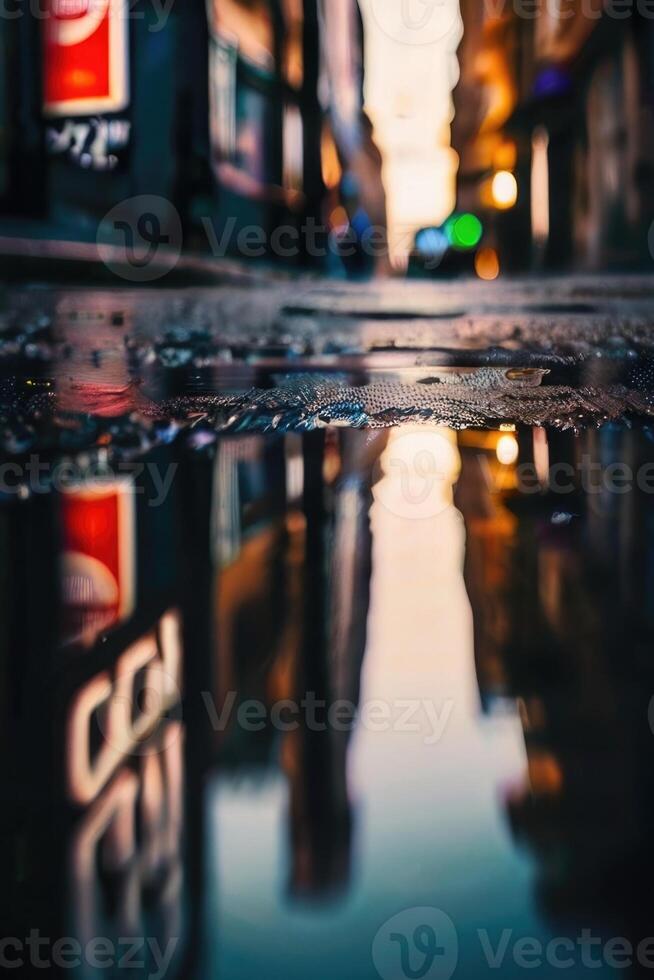 un calle a noche con luces y reflexiones foto