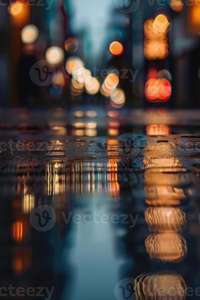 un calle a noche con luces y reflexiones foto