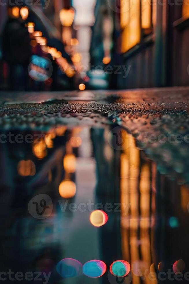 un calle a noche con luces y reflexiones foto