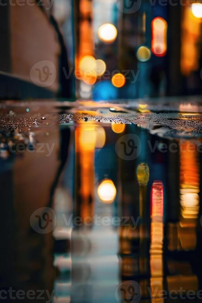 un calle a noche con luces y reflexiones foto