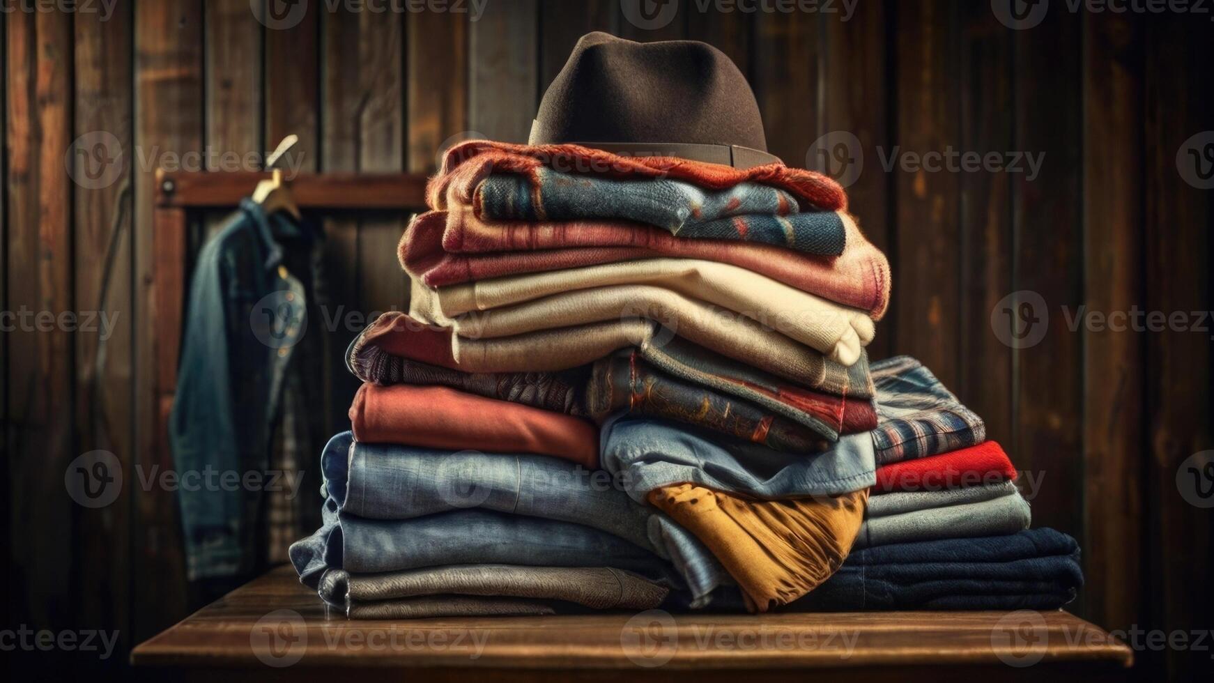 a stack of folded clothes on a wooden table photo