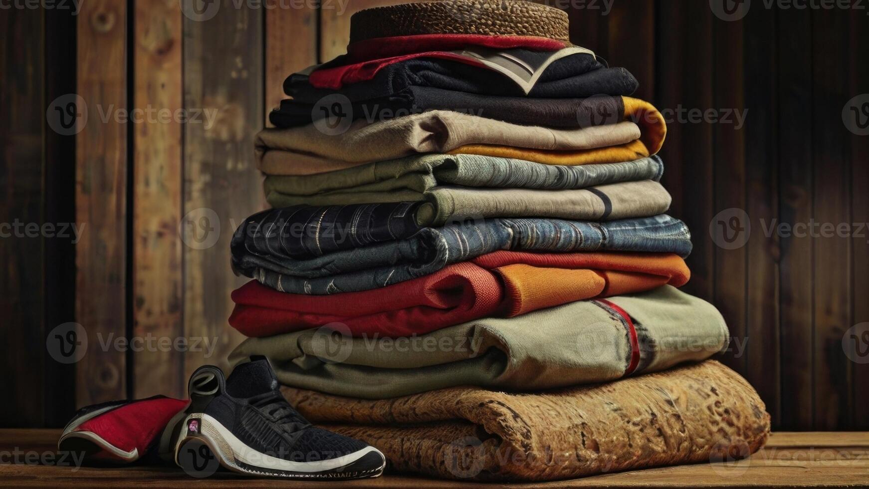 a stack of folded clothes on a wooden table photo