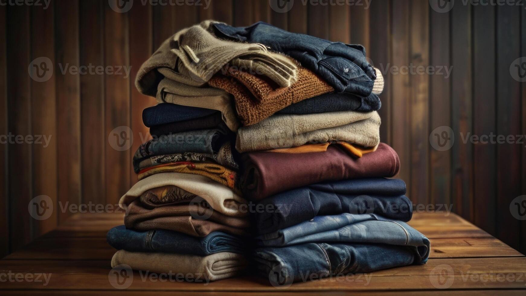 a stack of folded clothes on a wooden table photo