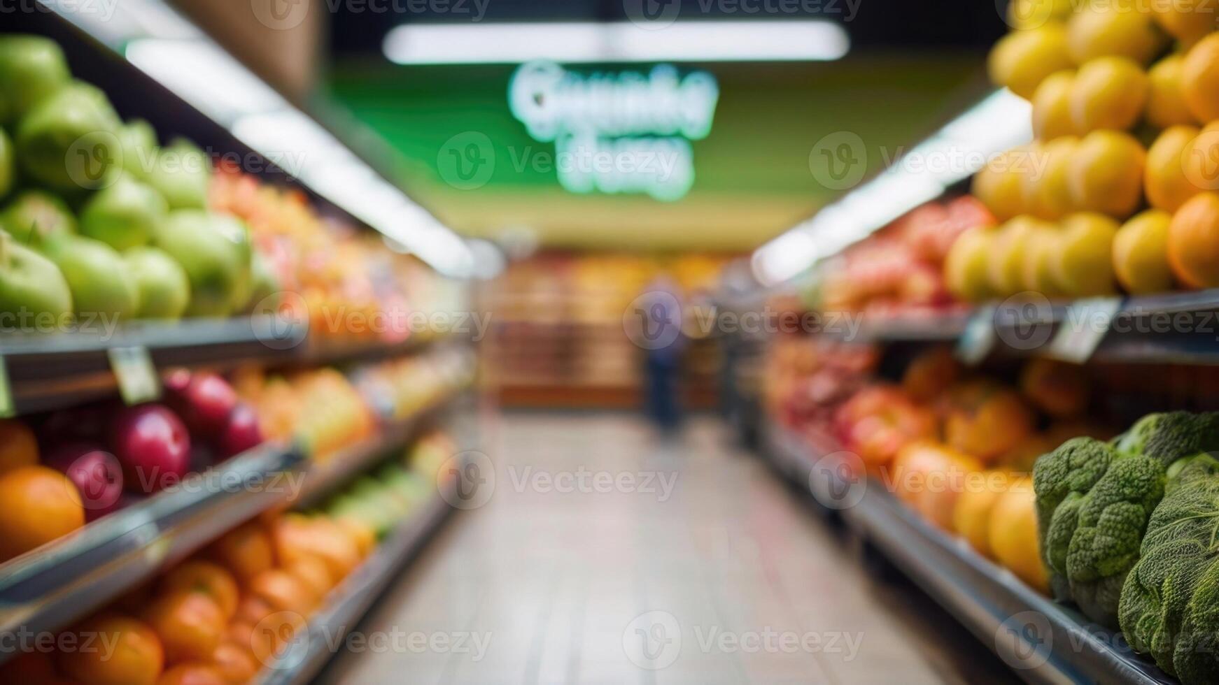 Supermarket store shelves with fruits and vegetables with blurred background photo