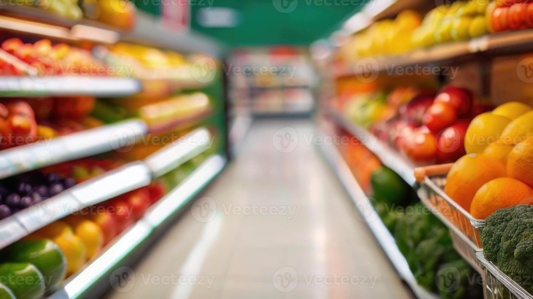 Supermarket store shelves with fruits and vegetables with blurred background photo