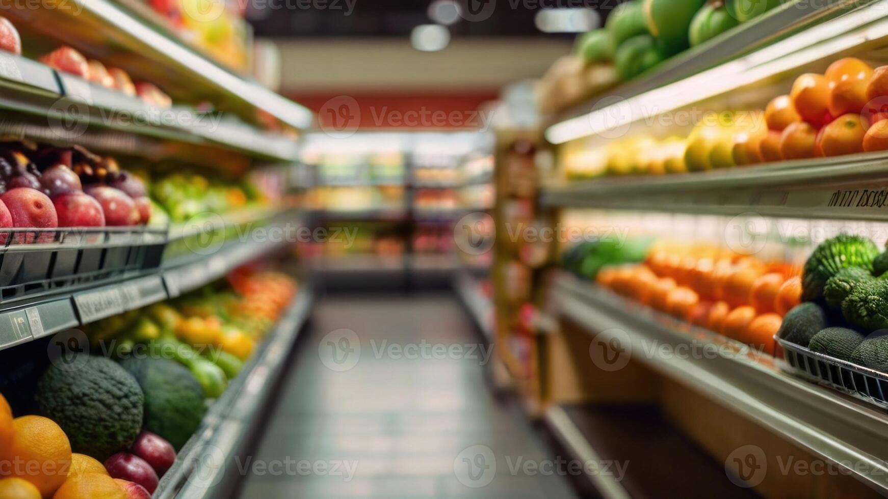 Supermarket store shelves with fruits and vegetables with blurred background photo