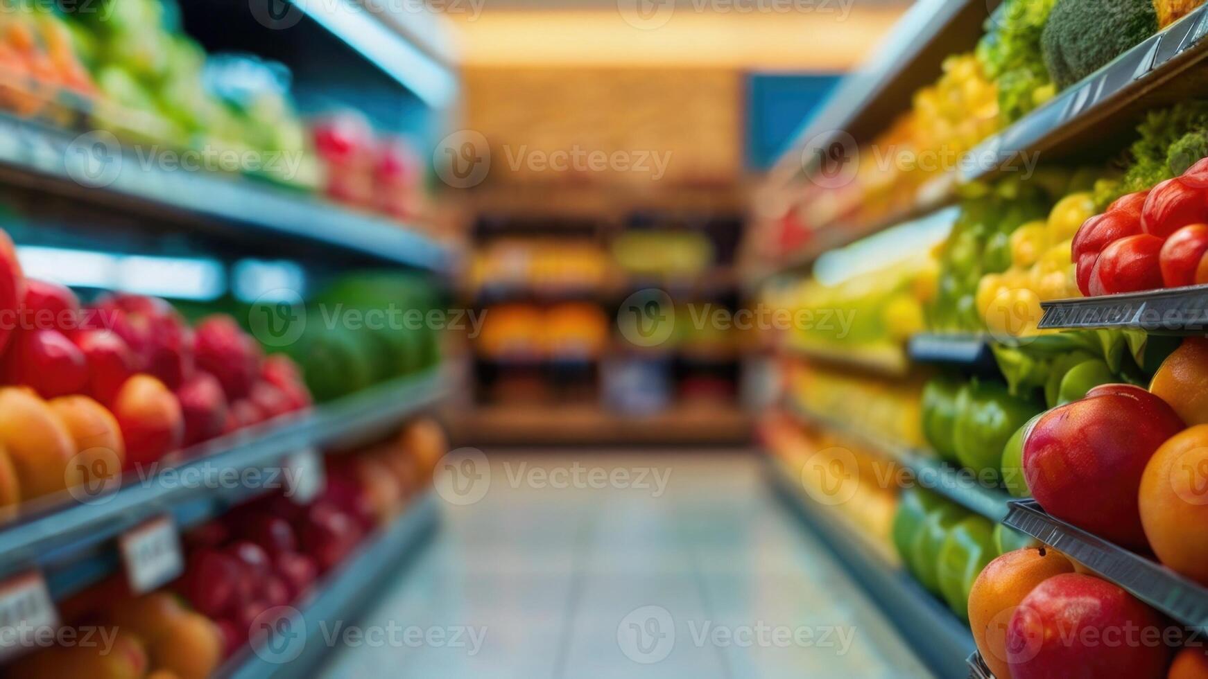 Supermarket store shelves with fruits and vegetables with blurred background photo
