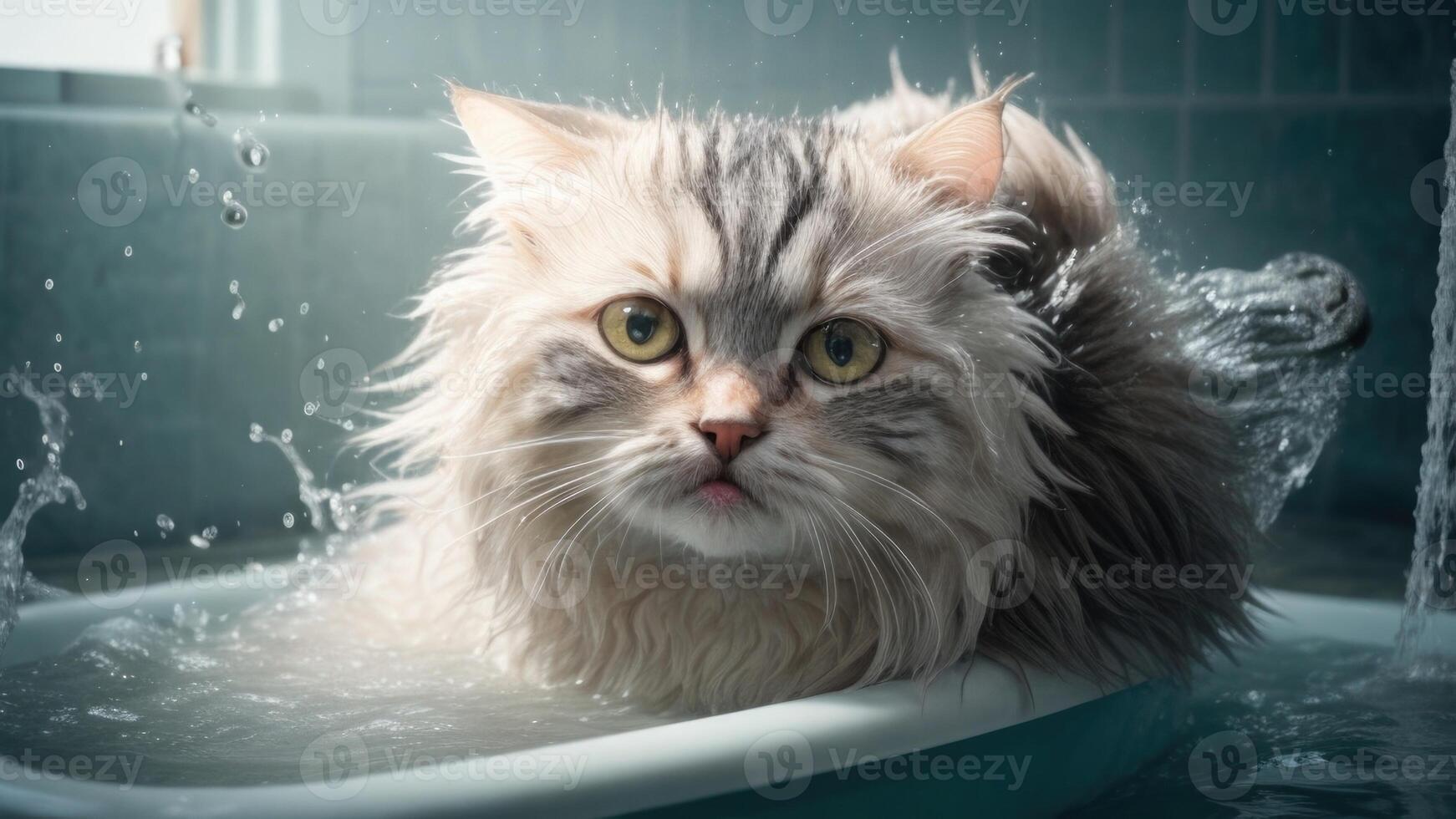 AI generated Wet Cat during bath in the tub photo