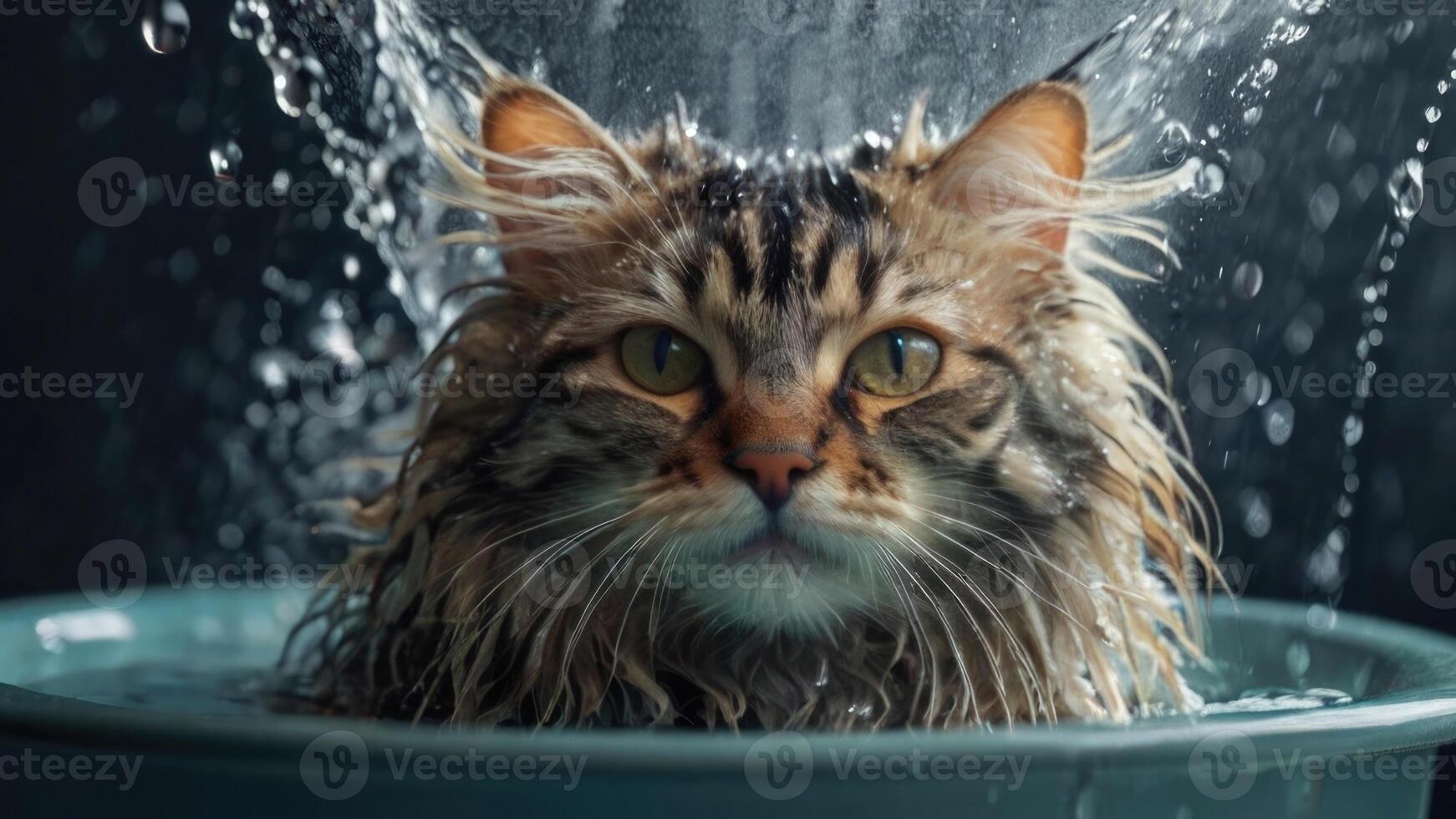 AI generated Wet Cat during bath in the tub photo