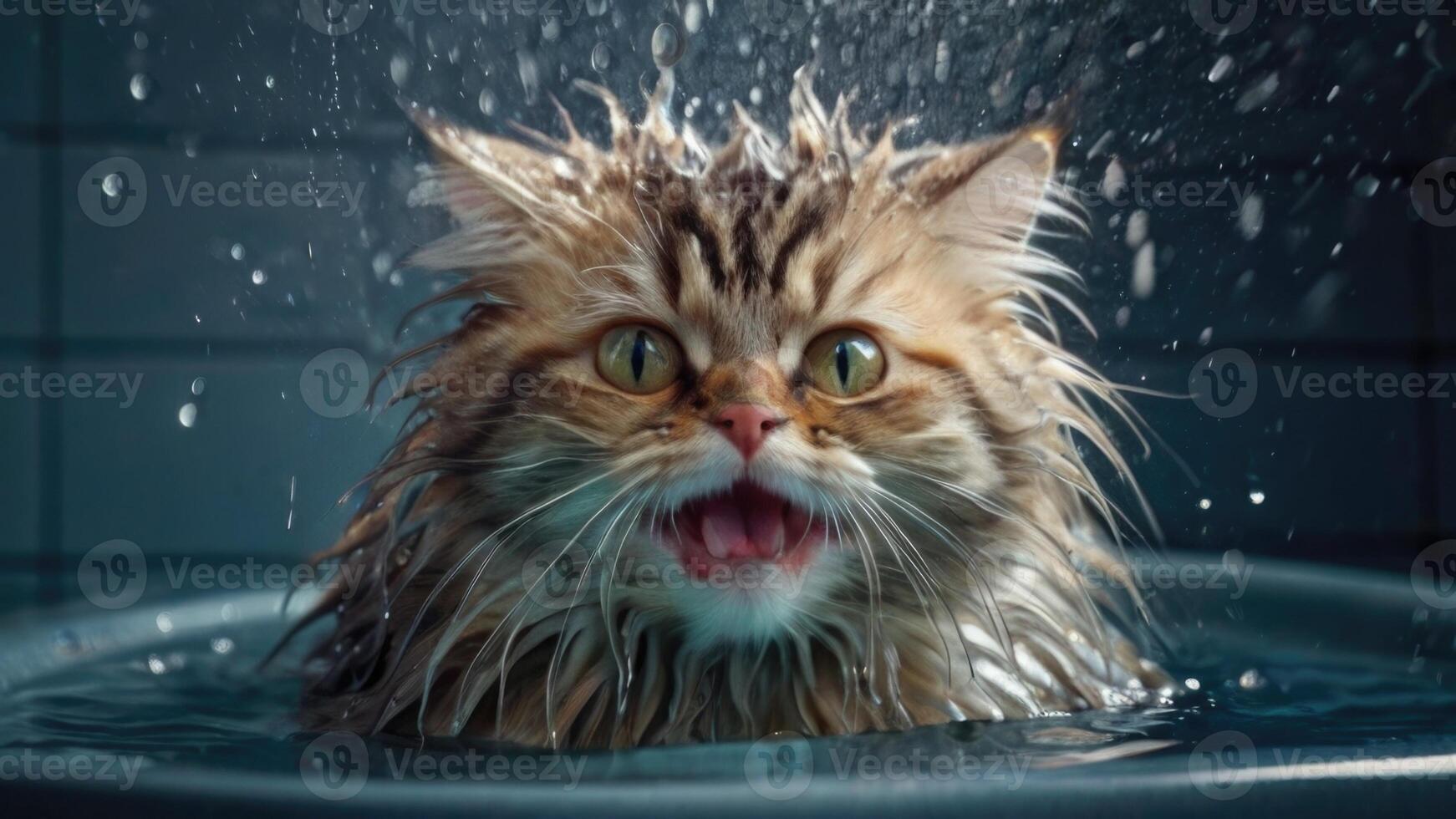 AI generated Wet Cat during bath in the tub photo