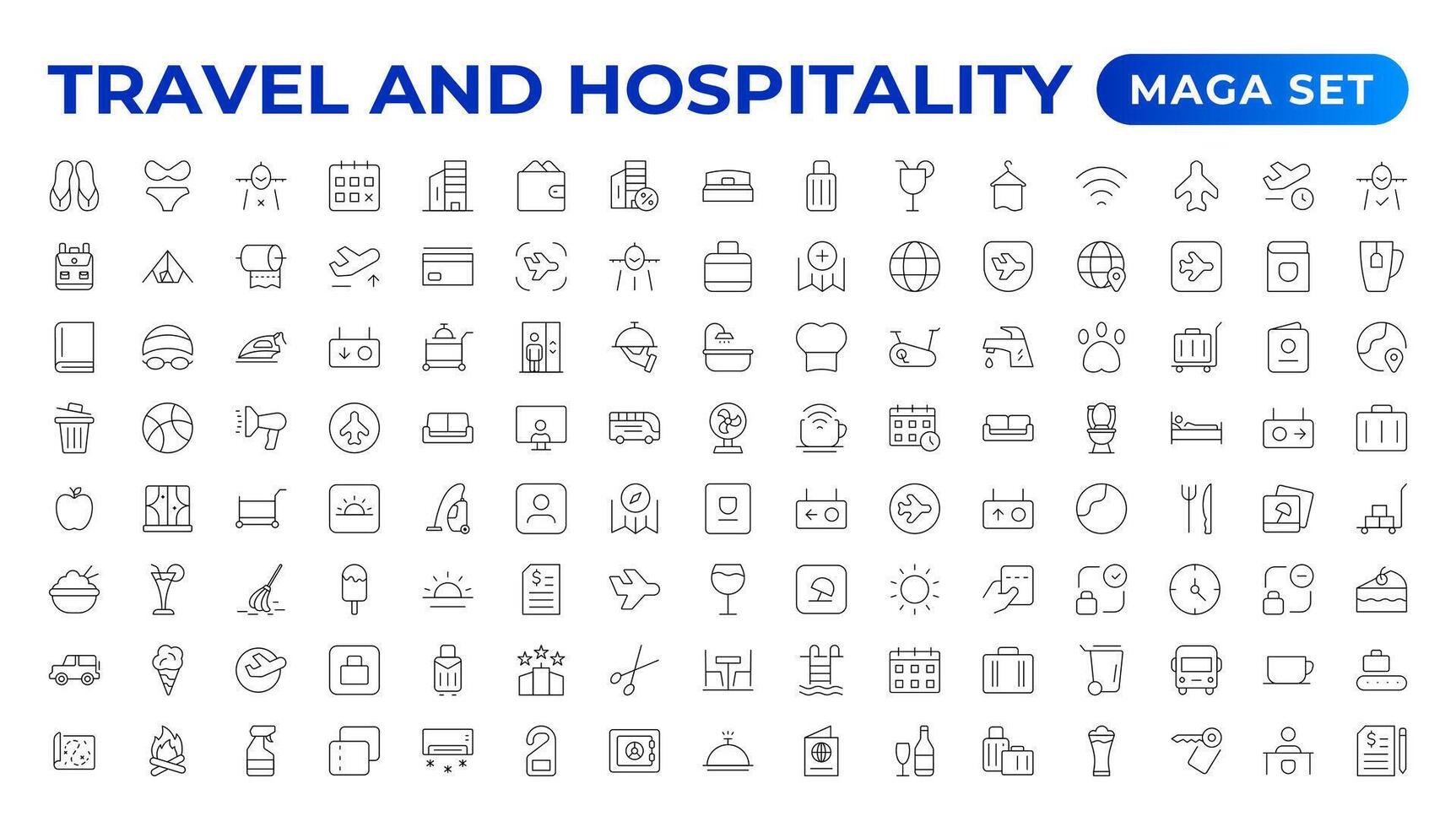 Set of outline icons related to the hospitality industry. Editable stroke. Travel set. Summer vacations and holiday symbol illustration. vector